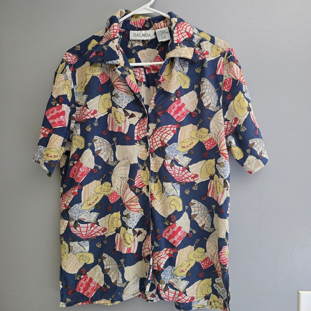 Galinda Vintage 100% Silk Short Sleeve Button Up Shirt Beach Print Navy Blue L